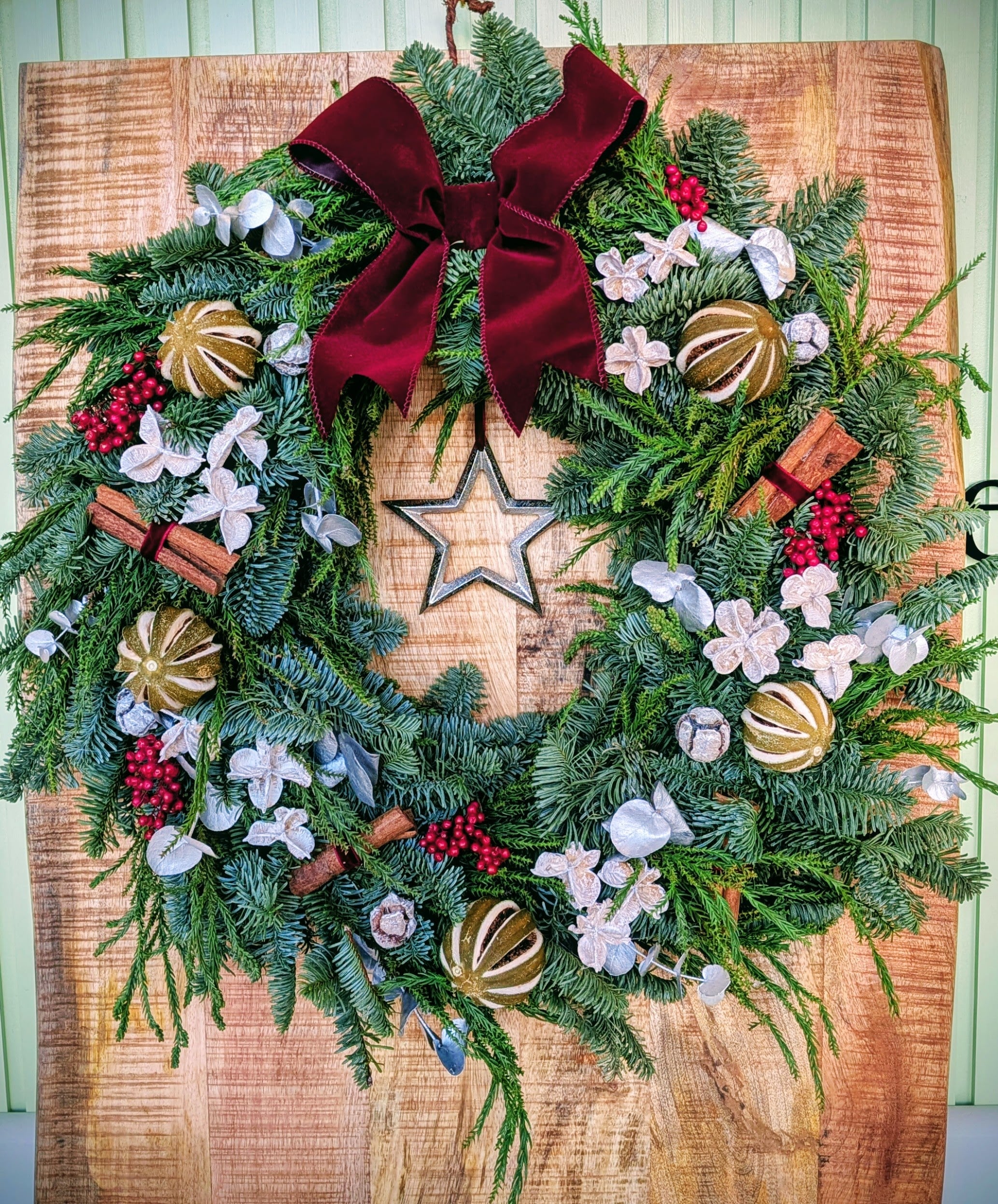 Large Christmas door wreath with silver star
